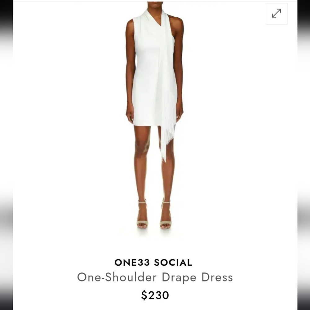 NWT‎ One33 Social White One Shoulder Drape Dress Mini Fringe Detail Size 12 #715